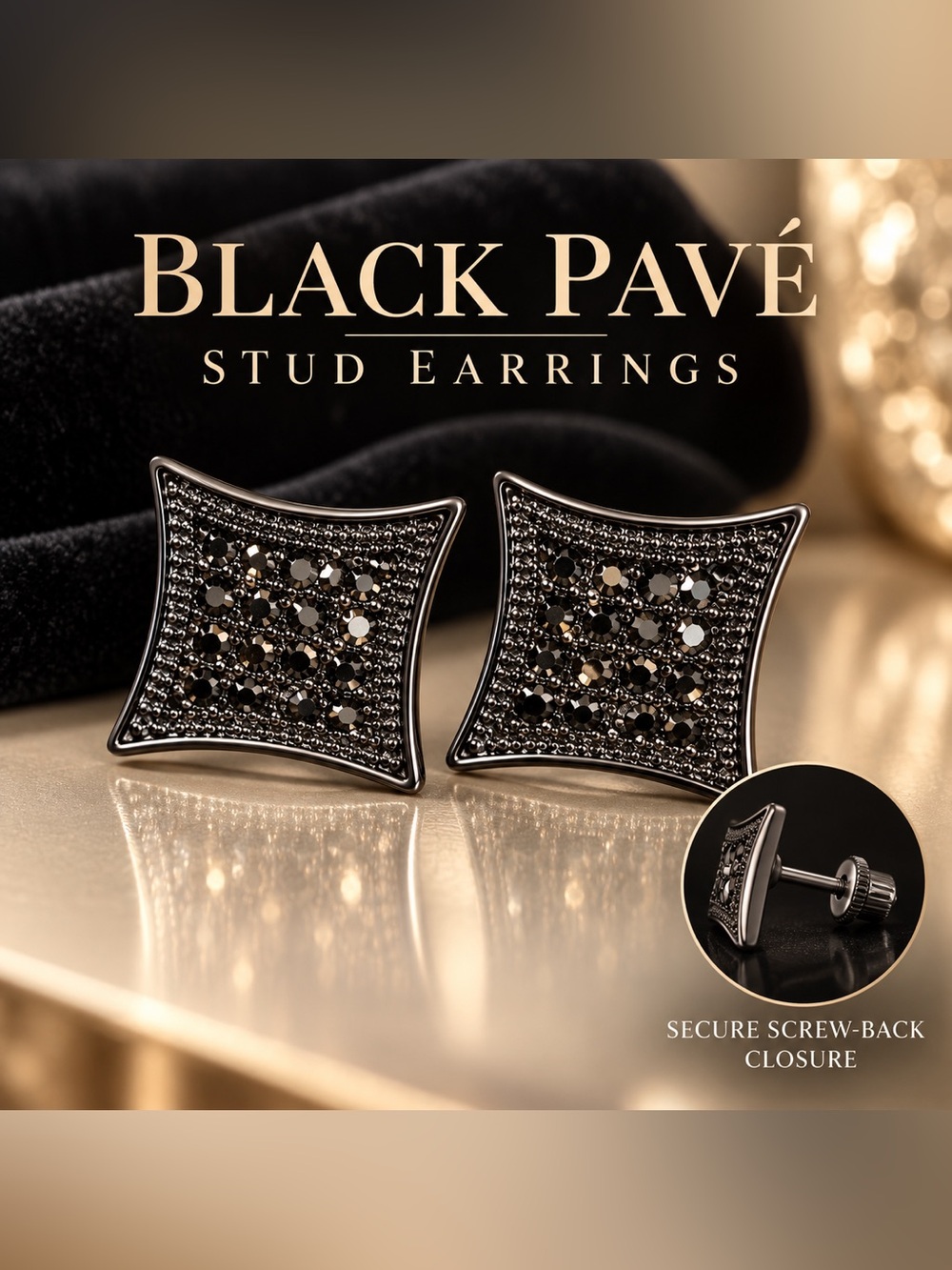 Black Pavé Cushion-Square Screw-Back Stud Earrings